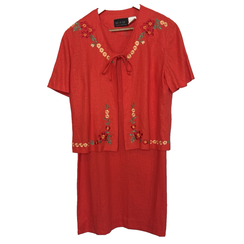 VTG MHM Mellisa Harper Floral Embroidered‎ Cottage Linen Dress Jacket Set Size 8